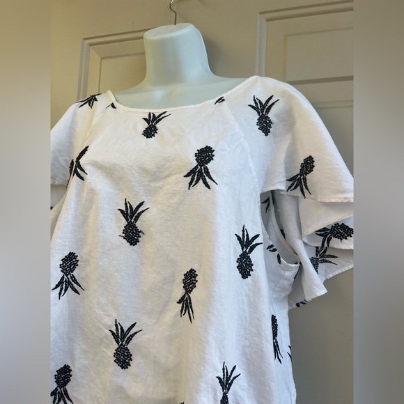 Ann Taylor White Flutter Sleeve Black Embroidered Blouse Linen Blend Size XXL - Picture 9 of 11